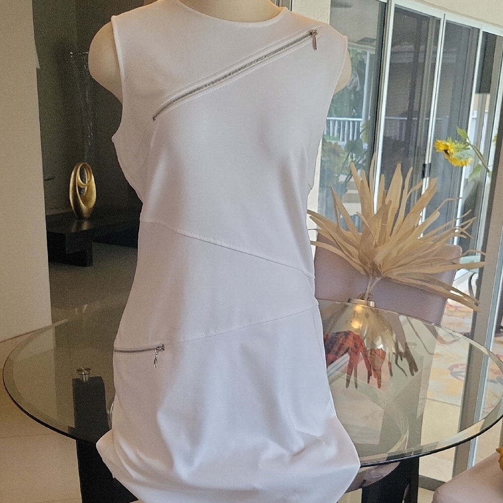 Sharagano White Mini Dress with Zipper Details